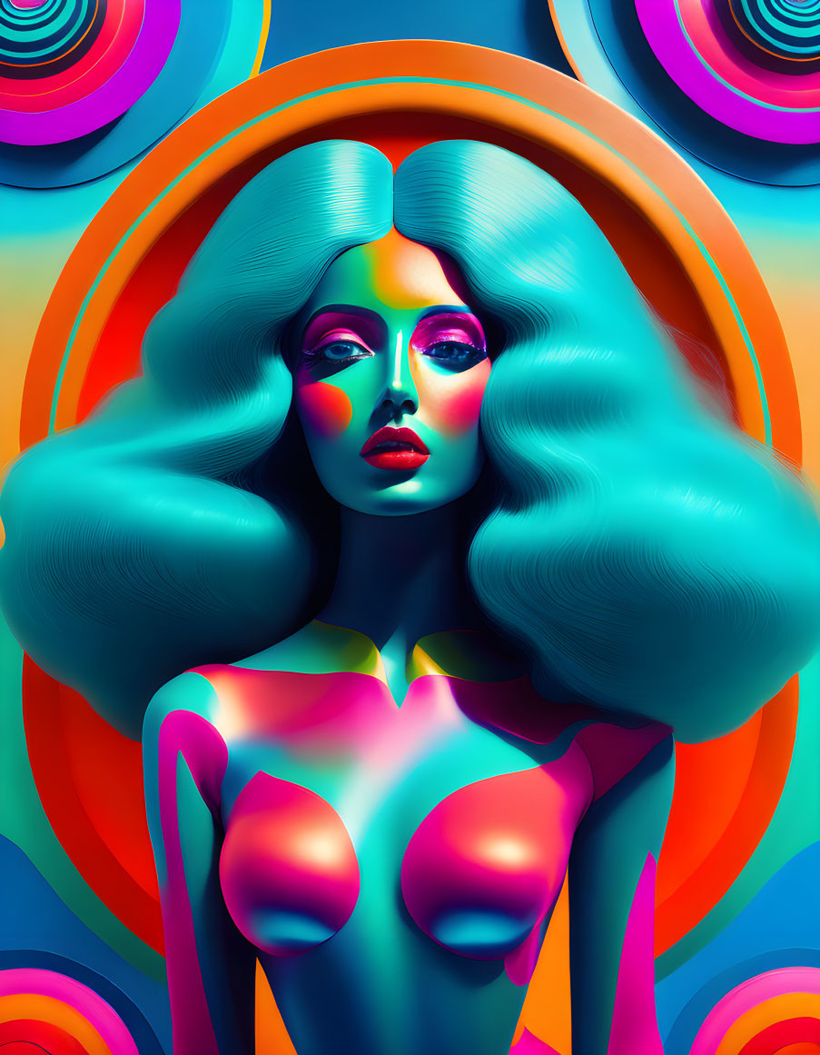 Colorful digital art: Female figure with blue hair, multicolored skin, and hypnotic patterns