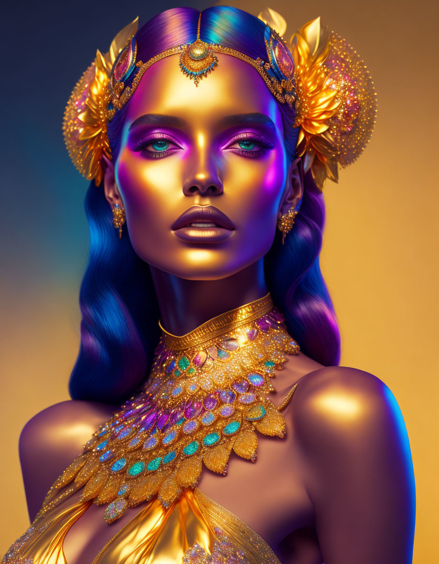 Woman adorned in golden jewelry against gradient background.