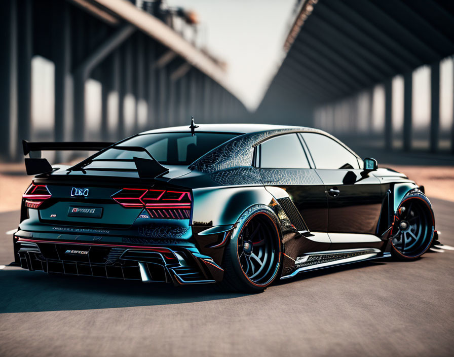 Custom Black Sports Car with Blue Accents and Rear Wing in Modern Setting