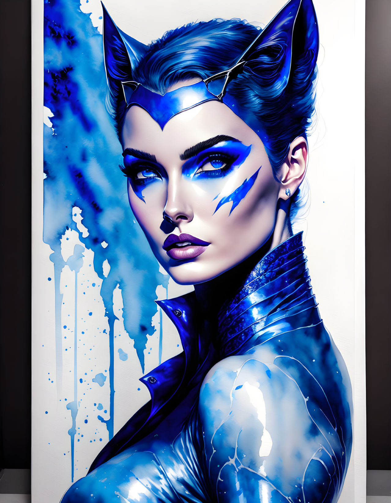 Vivid artwork of woman with blue skin and feline ears against blue paint backdrop