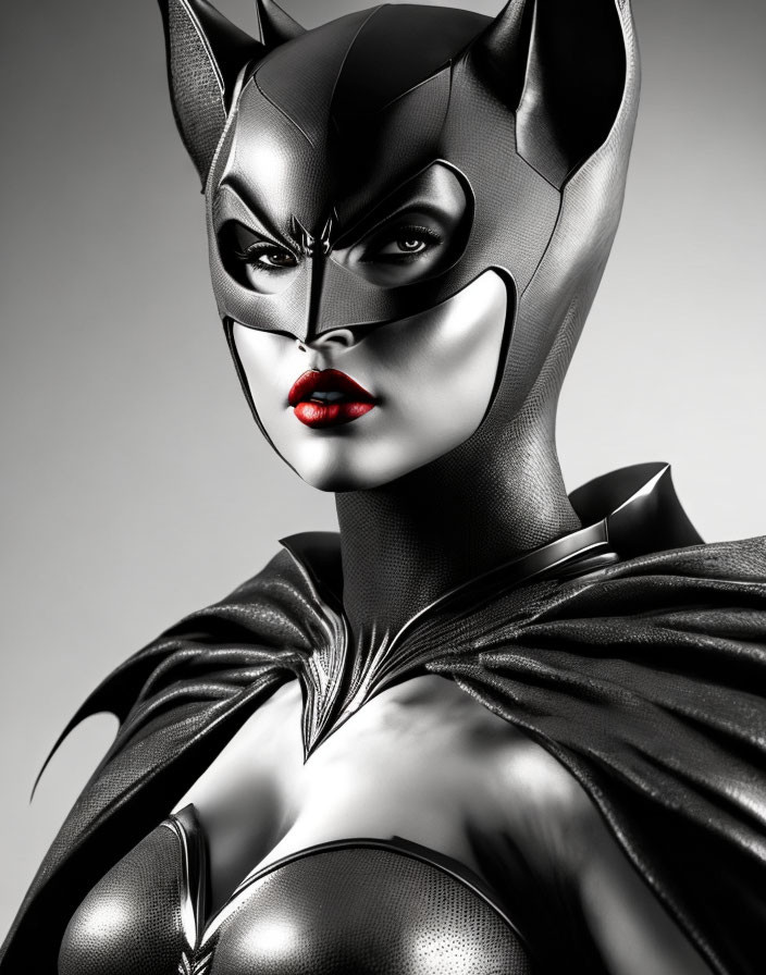 Close-up of person in black Batwoman costume with pointed ears and red lips