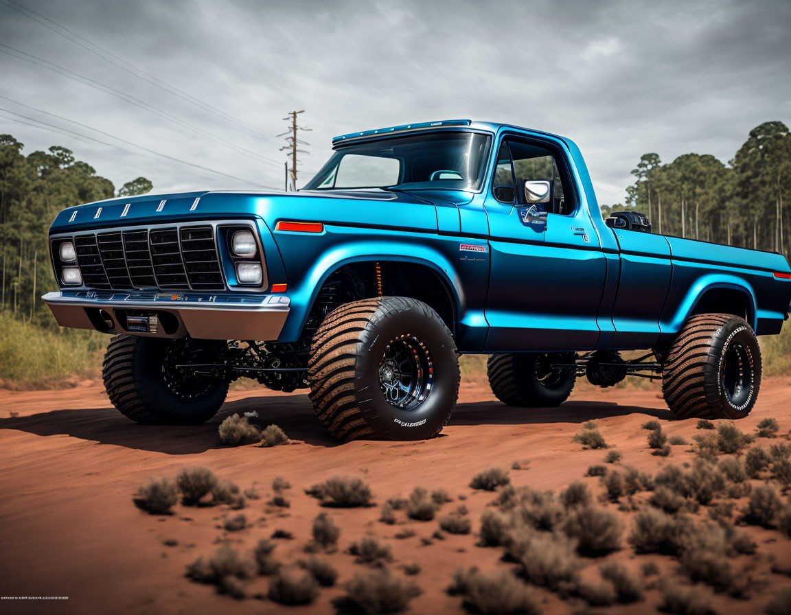 Blue Pickup Truck with Elevated Suspension and Off-Road Tires in Sandy Landscape