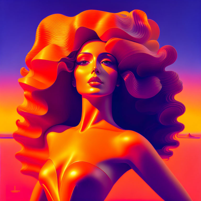 Vibrant digital artwork: stylized woman with orange hair on surreal background