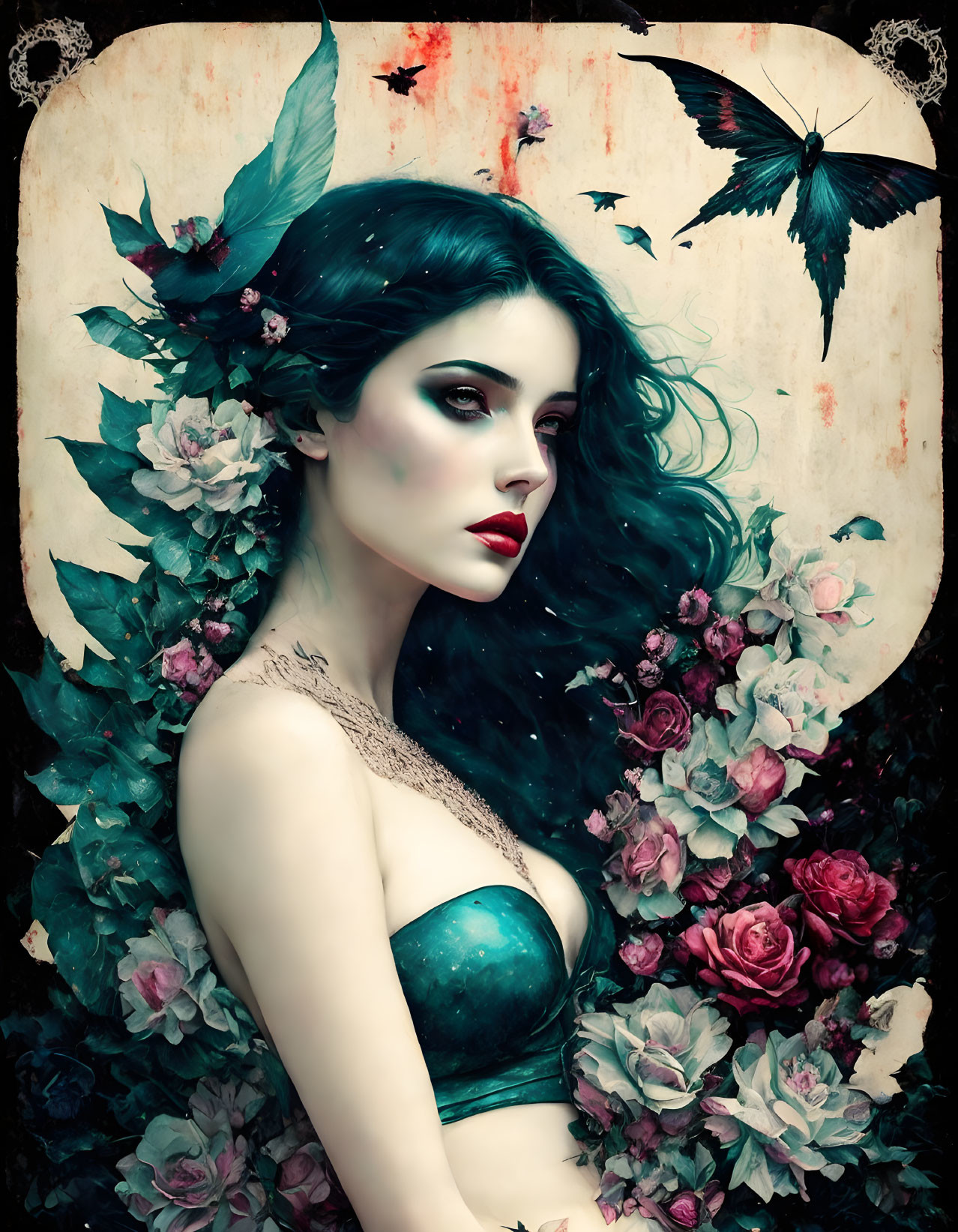 Illustrated portrait of woman with emerald hair, dark roses, and butterfly - fantasy and gothic