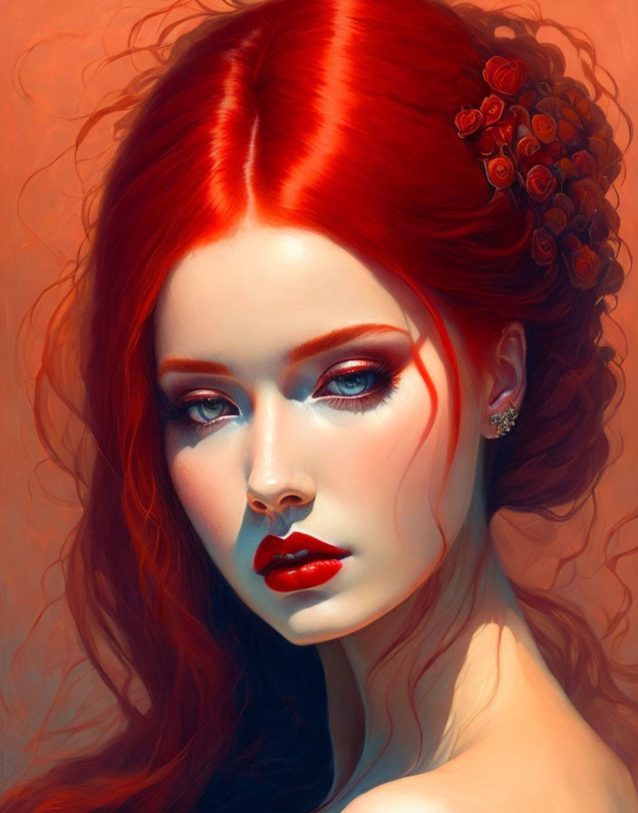 Portrait of woman with fiery red hair, porcelain skin, blue eyes, red lips, adorned with flowers