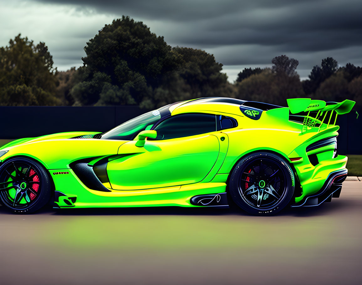 Neon Green Sports Car with Large Rear Spoiler and Aggressive Design