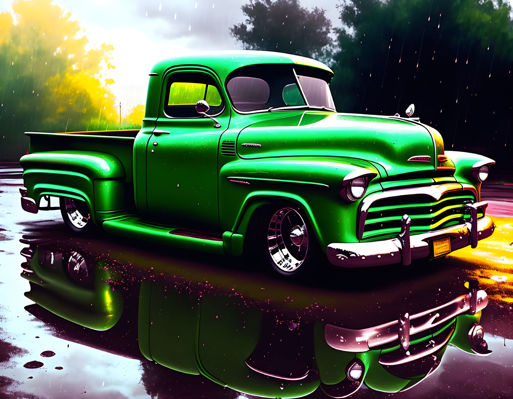 Vintage green pickup truck in rainy conditions with glossy paint and chrome details