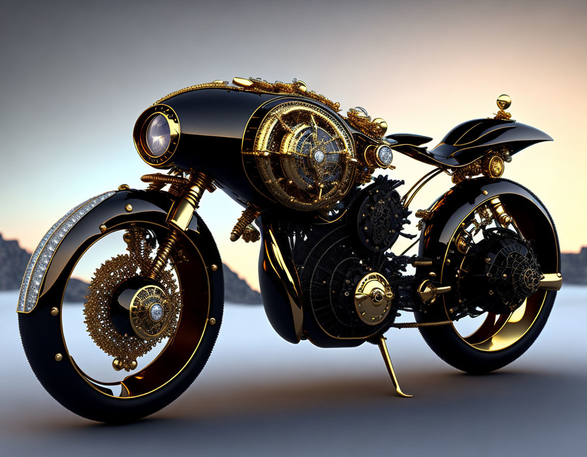 Intricate Golden Gear Steampunk Motorcycle at Sunset