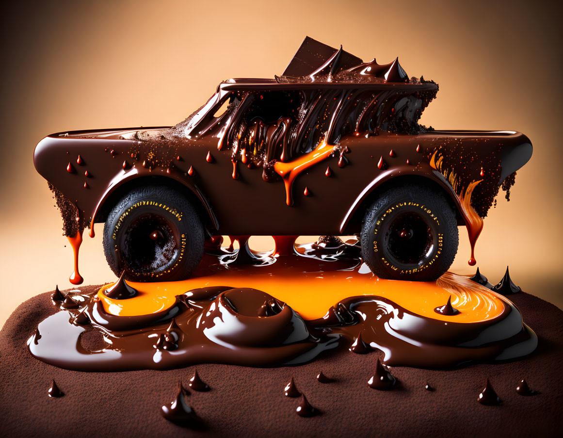 Chocolate Car 3D Render with Melting Details on Brown Background