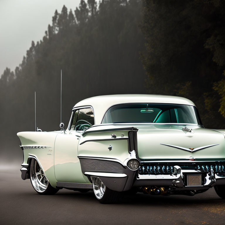 Vintage White and Turquoise Car with Chrome Detailing in Misty Forest