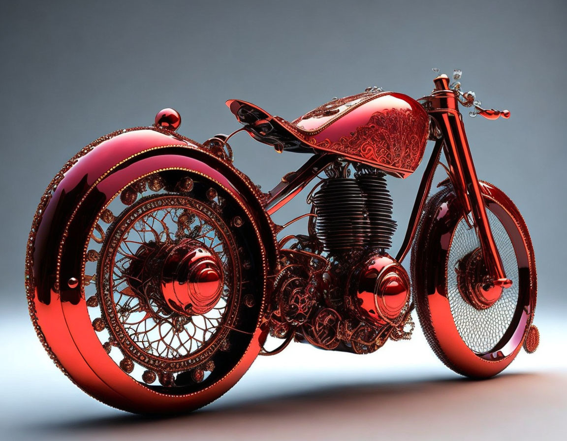 Stylized steampunk motorcycle with ornate detailing in red and metallic colors