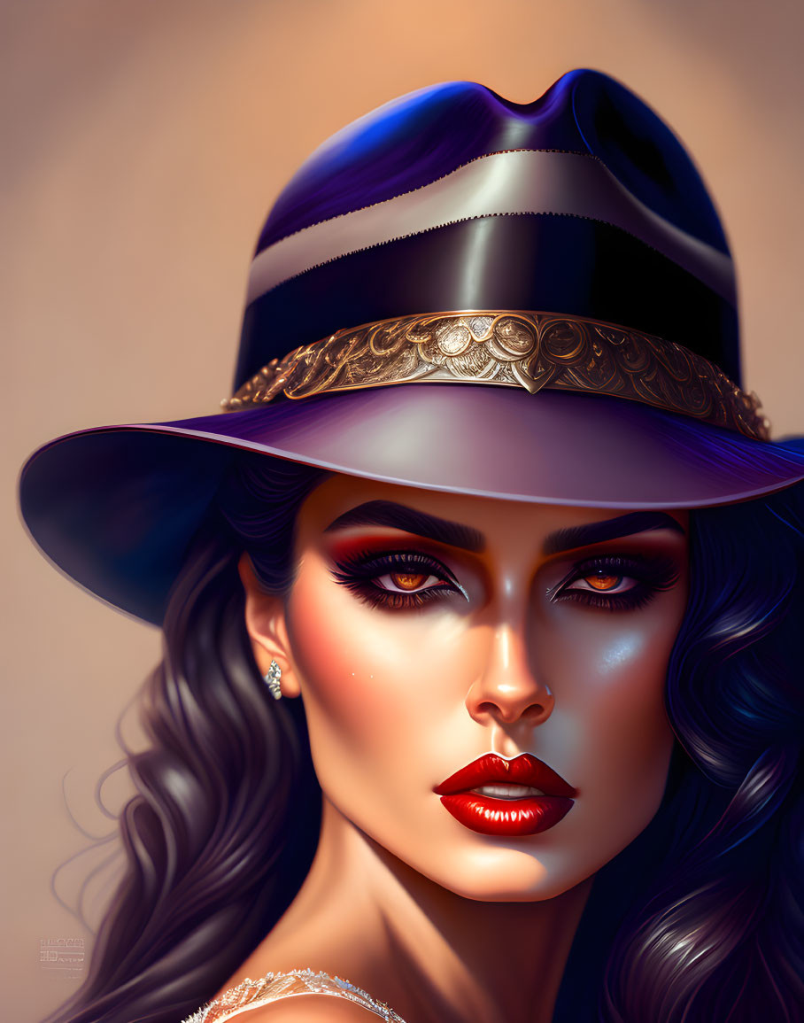 Digital portrait of woman with striking makeup and elegant hat.