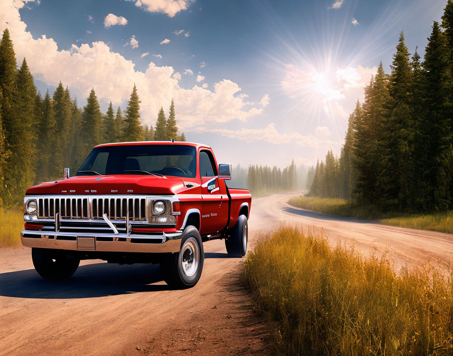 Vintage Red Pickup Truck Driving Through Forest with Sunbeams