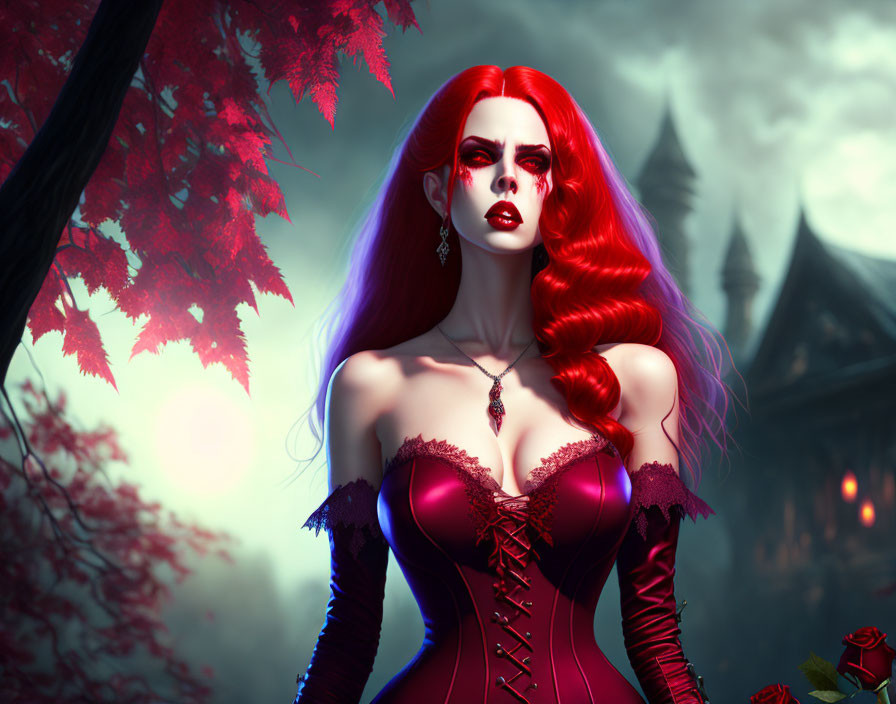 Vibrant red-haired woman in gothic attire against misty forest backdrop