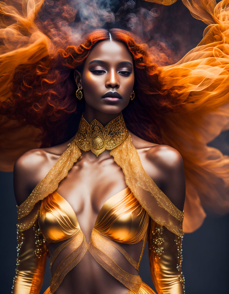 Striking Makeup Woman with Red Hair in Ethereal Setting