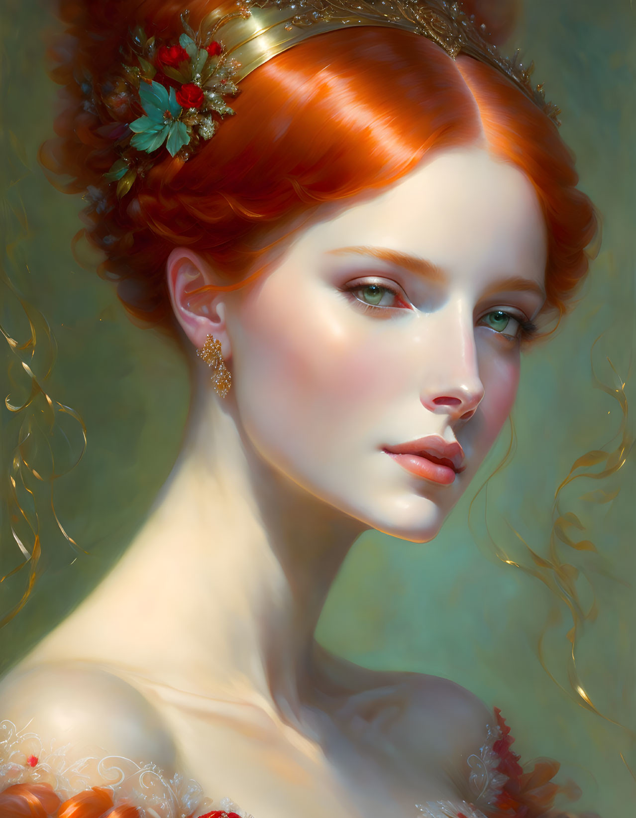 Red-haired woman with floral hairpiece and tiara in elegant illustration