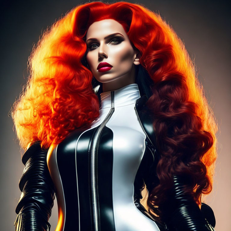 Fiery red-haired woman in futuristic black and white bodysuit