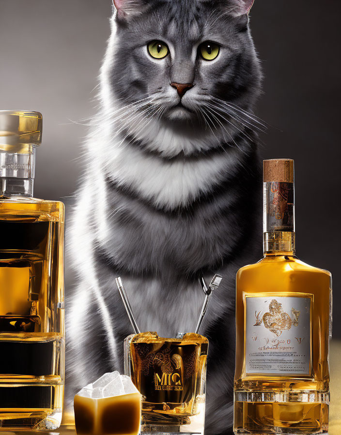 Grey Cat with Green Eyes Among Whiskey Bottles and Glass