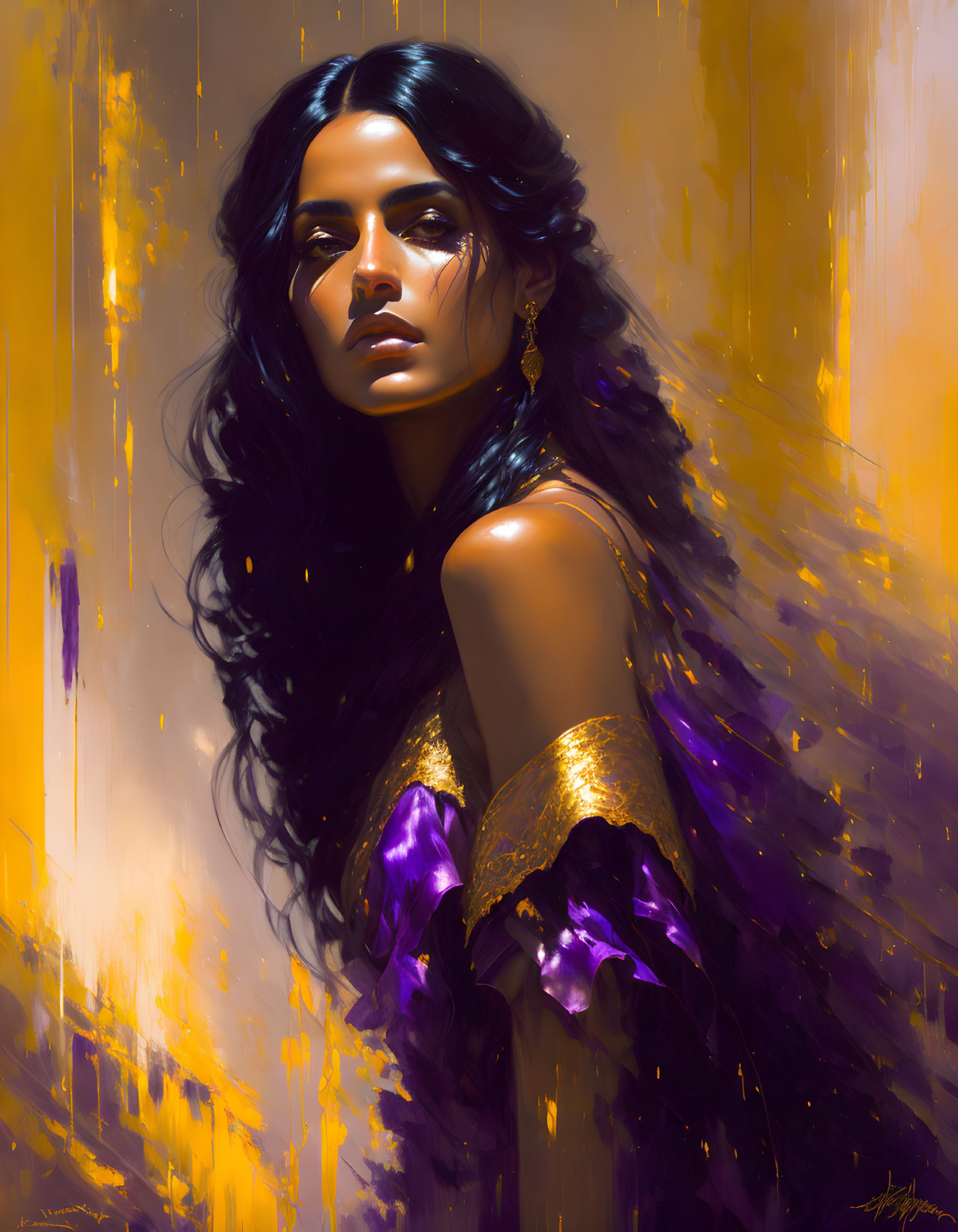 Illustration: Woman with long dark hair in golden and purple attire on textured yellow background