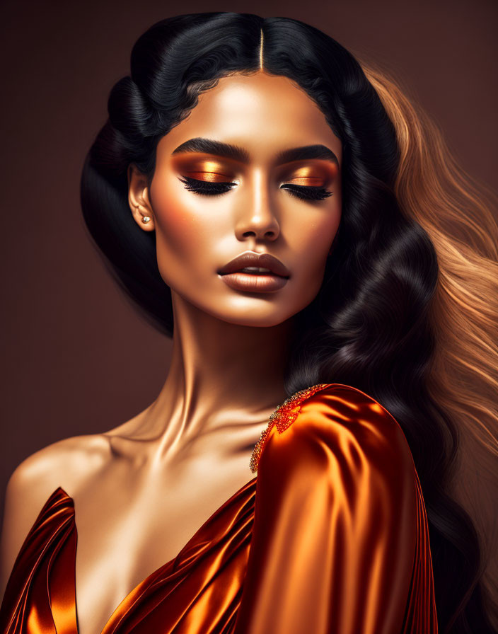 Glossy waved hair, striking eyeshadow, and satin red dress on elegant woman