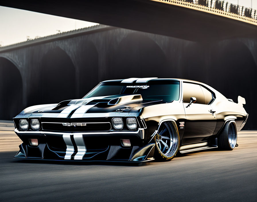 Black and White Chevrolet Chevelle with Racing Stripes by Bridge at Sunset