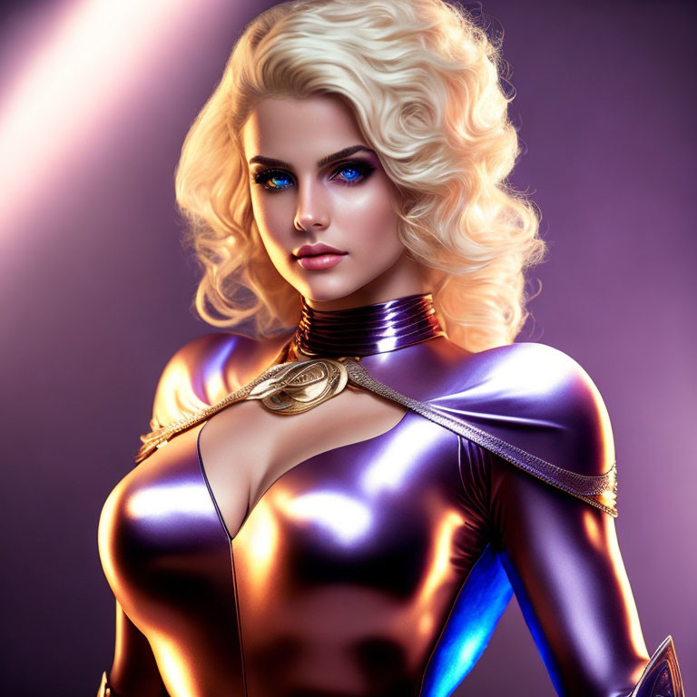 Blonde Curly-Haired Woman in Futuristic Armor Under Purple Light