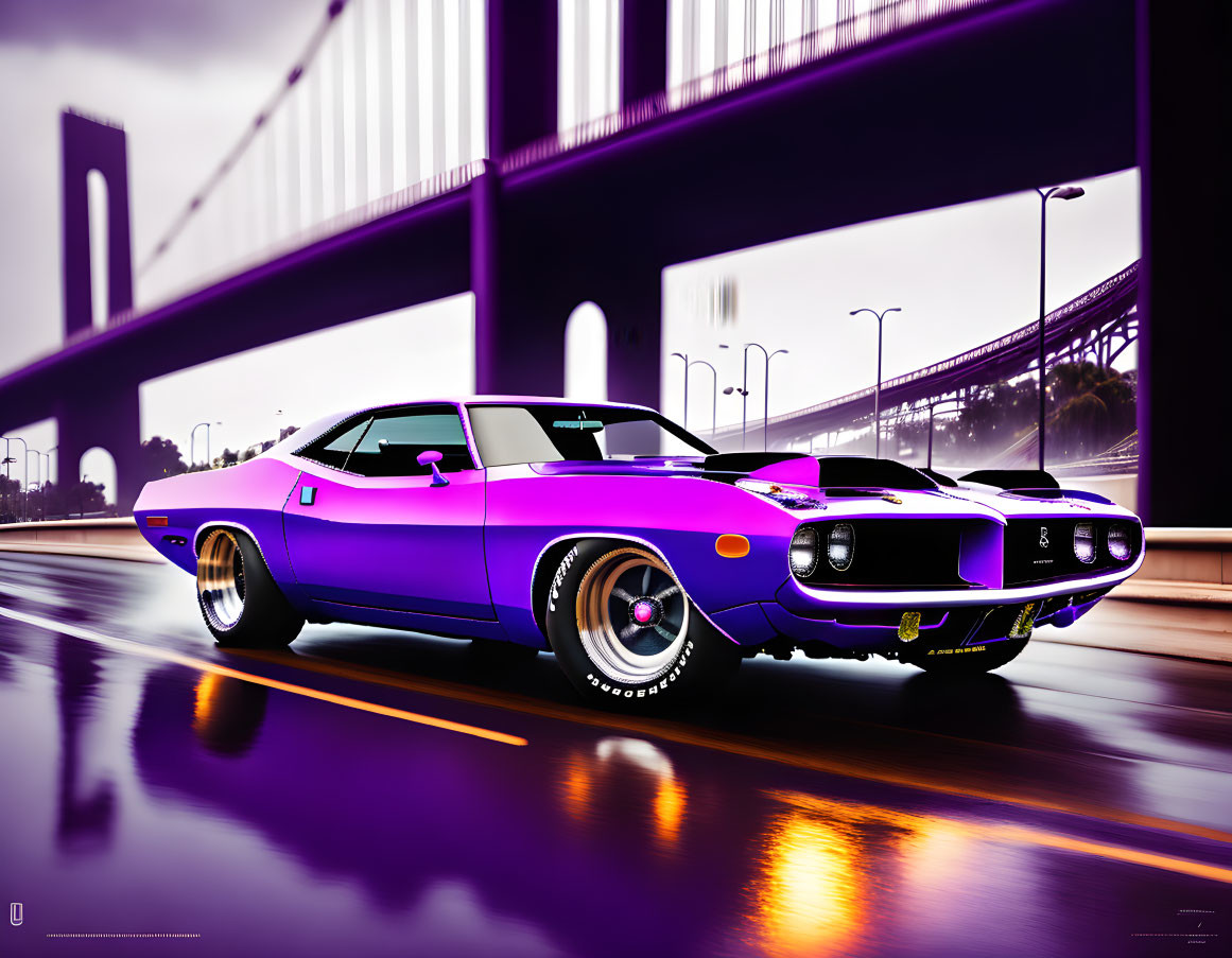 Purple Muscle Car with Black Stripes on Wet Road and Cityscape Background