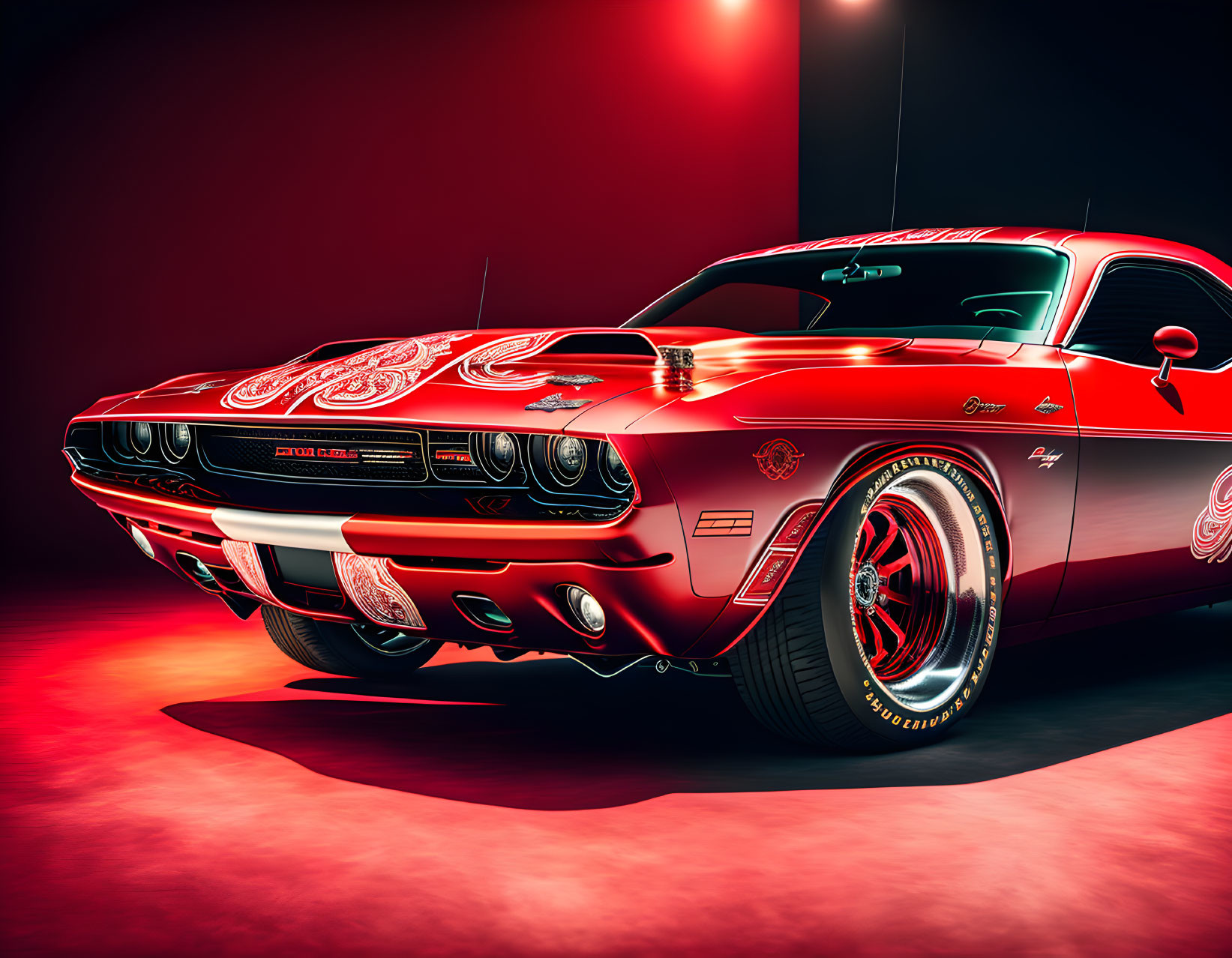 Custom Red Dodge Challenger: Chrome Wheels & Muscular Aesthetic