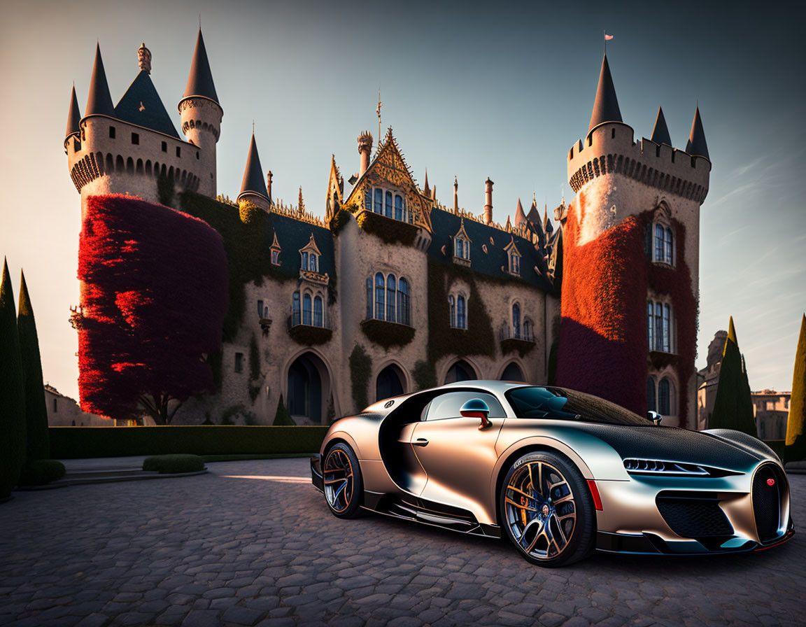 Silver sports car parked in front of grand castle gardens