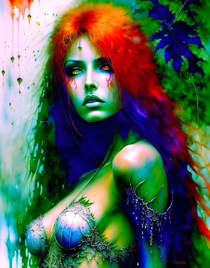 Fiery red-haired woman in metallic attire with purple eyes - vibrant digital artwork