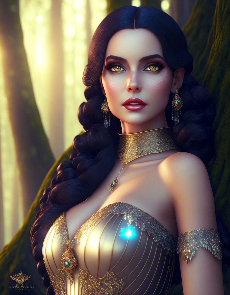 Digital artwork: Woman with gold jewelry and intricate hairstyle in mystical forest setting.