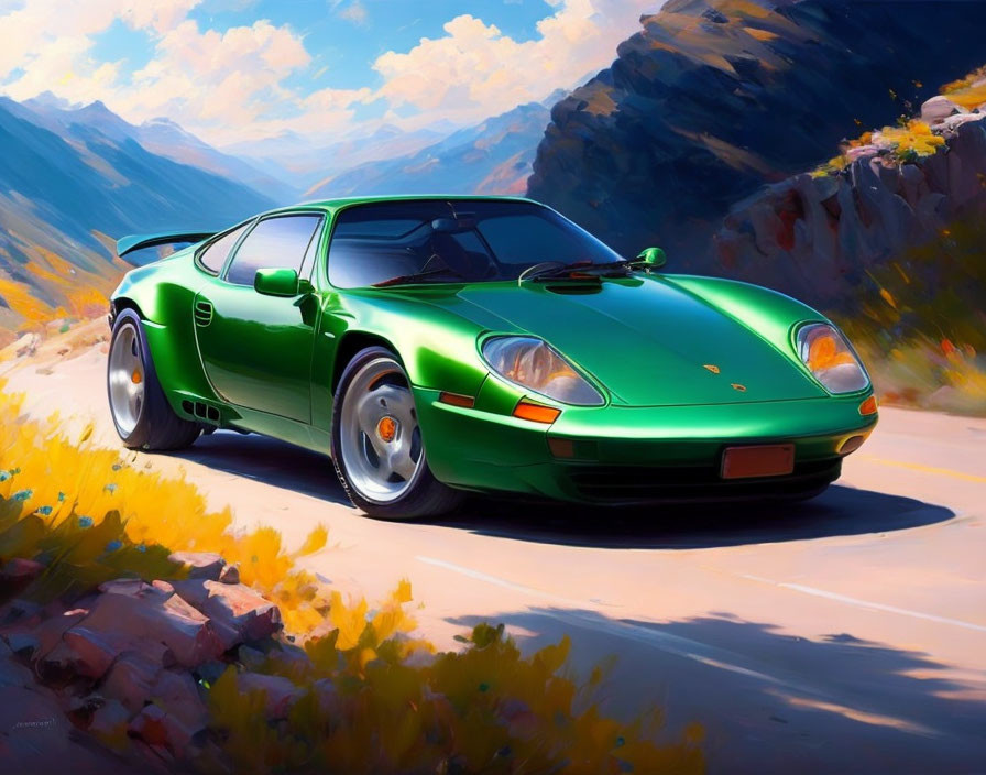 Colorful Sports Car Illustration on Sunlit Mountain Road