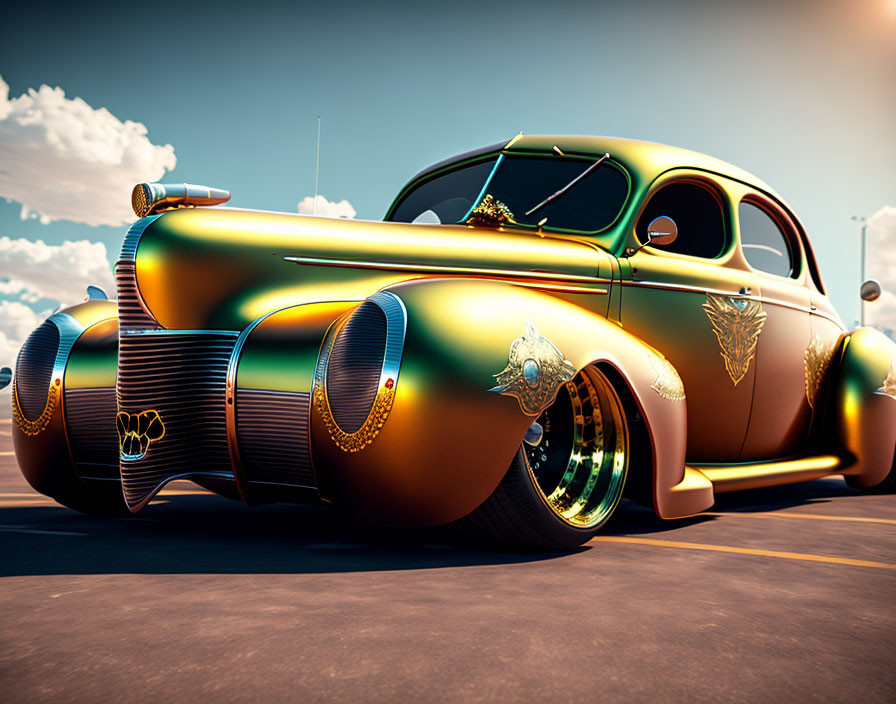 Glossy Green and Gold Custom Classic Car with Ornate Golden Accents