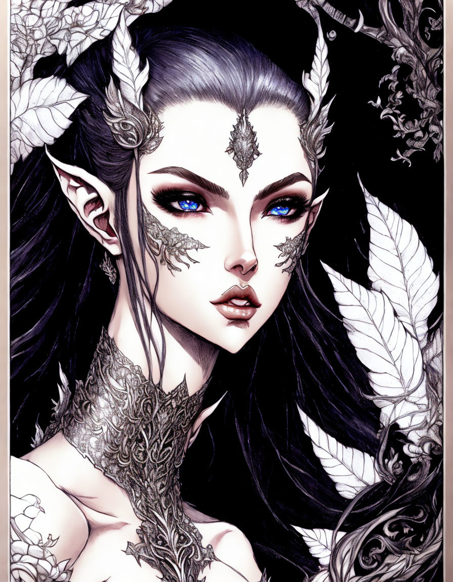 Ethereal elf with sharp features, blue eyes, leafy tattoos, and feathers