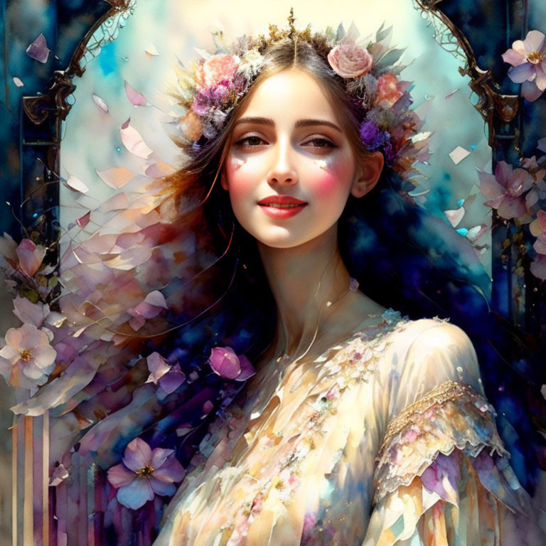 Woman portrait with floral headdress, colorful dress, and butterfly wings