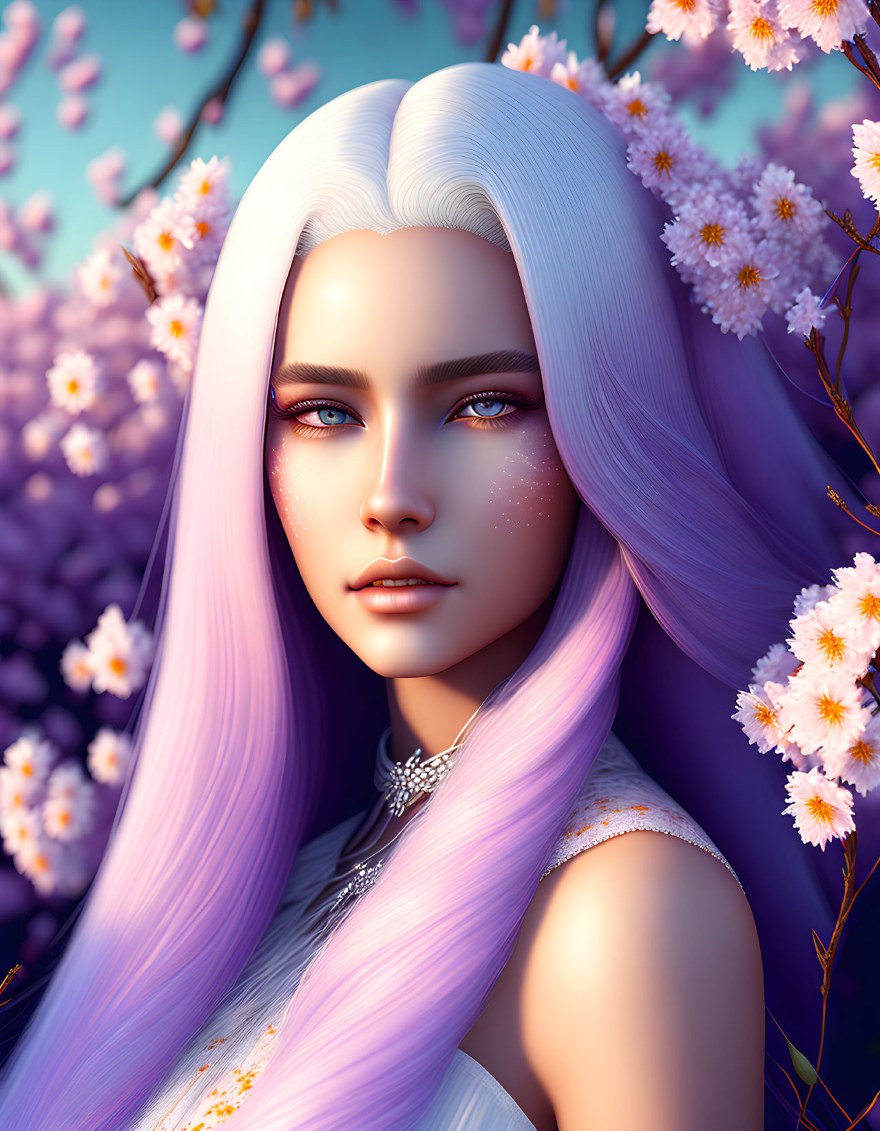 Woman with Long White Hair, Blue Eyes, Freckles, Surrounded by Pink Cherry Blossoms