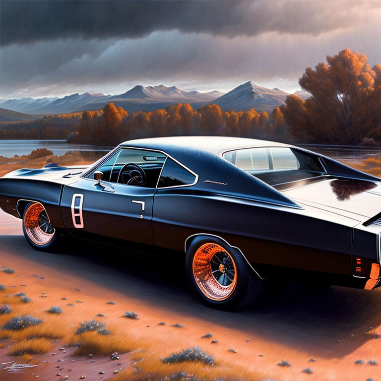 Vintage muscle car by lake at sunset with mountain backdrop and autumn tree reflections.