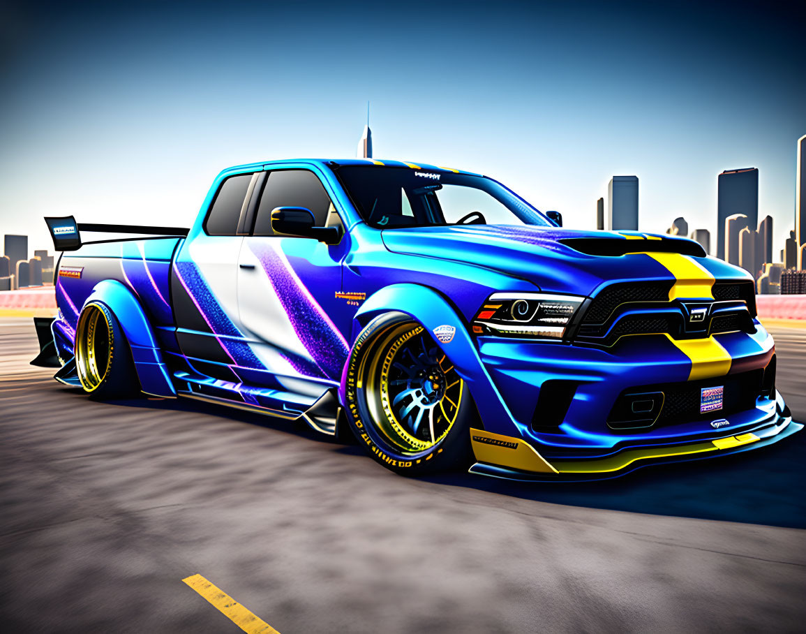 Blue and Purple Modified Pickup Truck with Large Rear Wing and Gold Rims