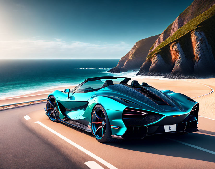 Blue sports car drives along coastal road with ocean and hills under clear sky