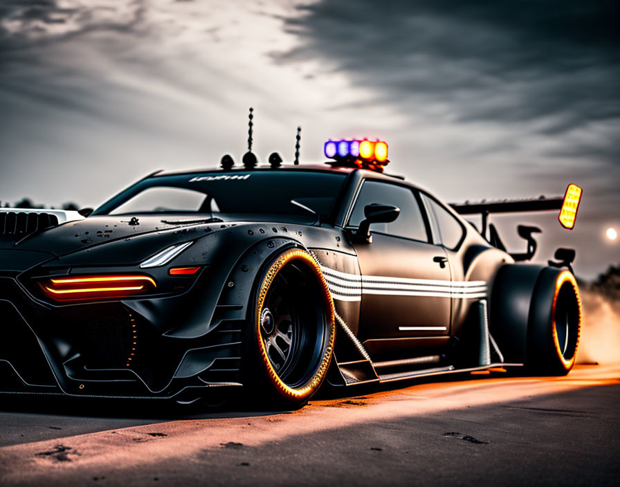 Modified black sports car with neon accents and police-style sirens parked under an orange-tinted dusk