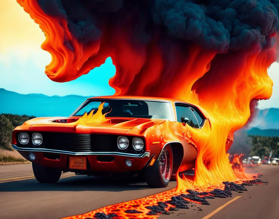 Vintage muscle car in fiery flame paint job on swirling inferno road