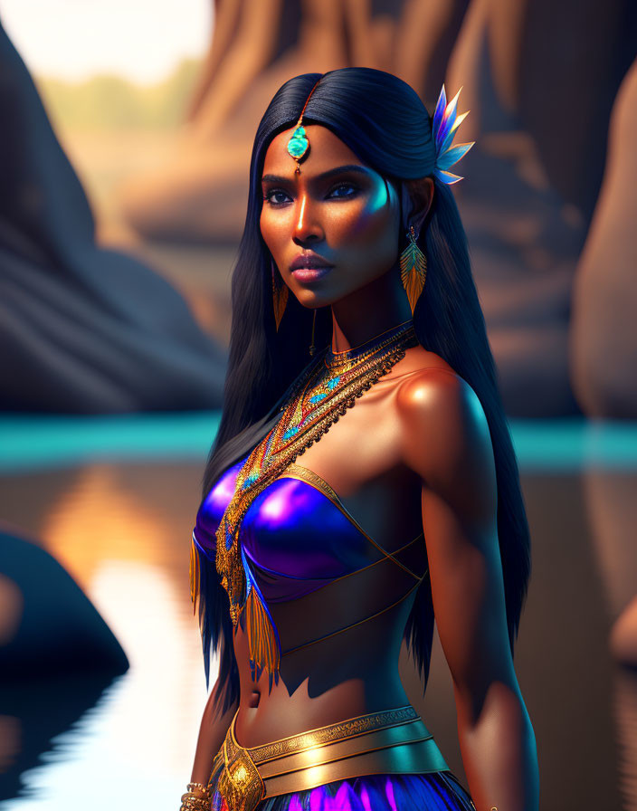 3D illustration of woman with tan skin, dark hair, gold jewelry, and feathers by serene water