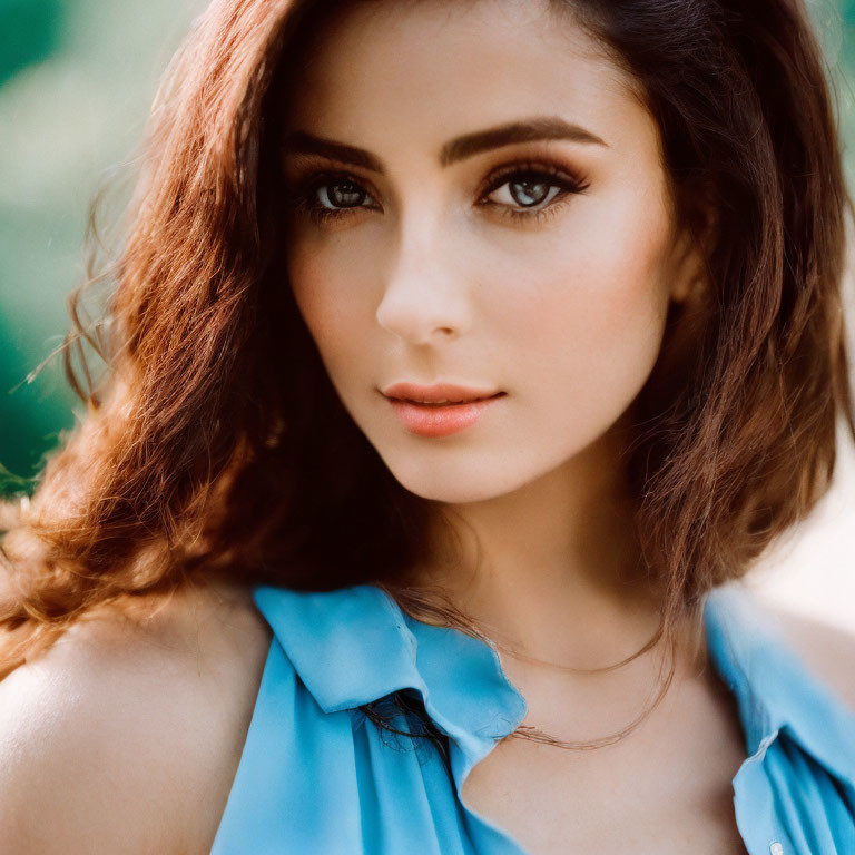 Brown-haired woman in blue ruffled top with striking eyes on light background