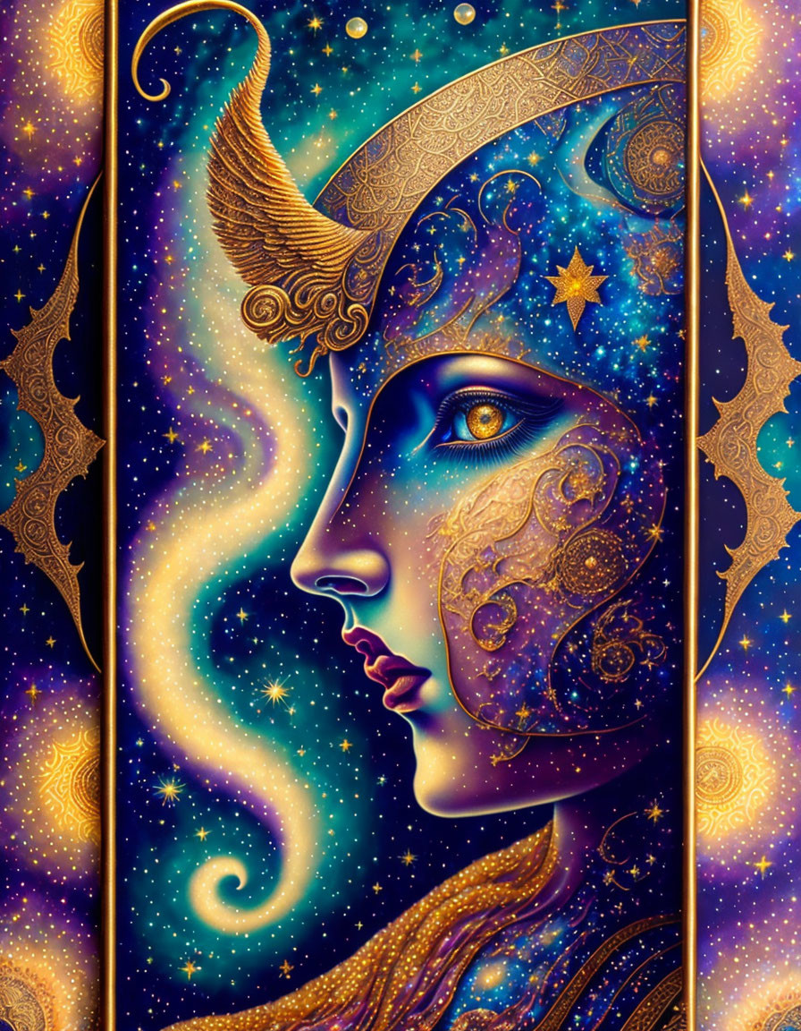 Profile View Woman Artwork with Celestial Motifs and Golden Accents