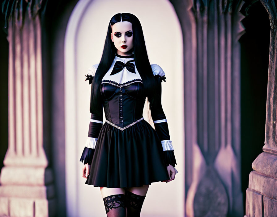 Gothic woman in black and white attire standing in archway