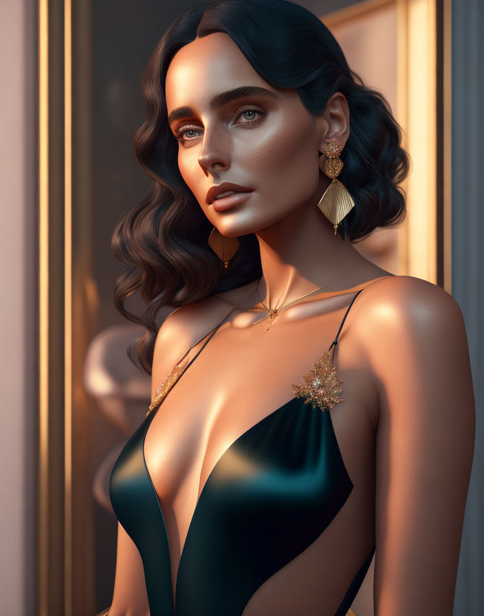 Elegant woman with wavy hair in gold jewelry and dark green dress poses by window in warm light