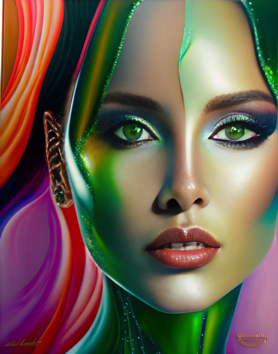 Multicolored digital portrait of a woman with green and red-blue skin, featuring water droplets and