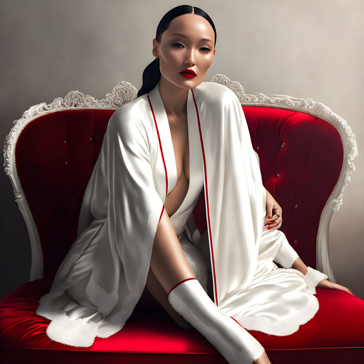 Digital artwork: Woman with porcelain skin in white robe on red chair