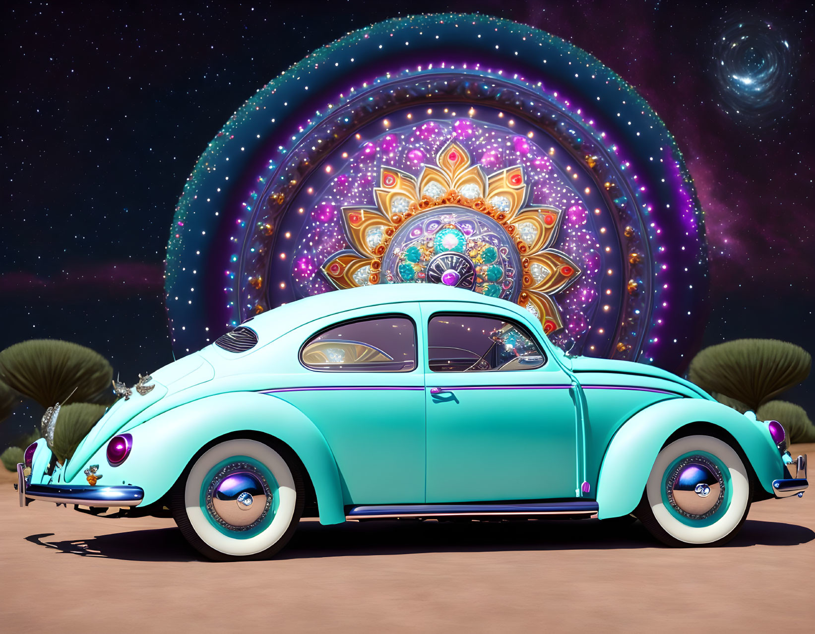 Vintage blue Volkswagen Beetle under a night sky with ferris wheel and whimsical trees