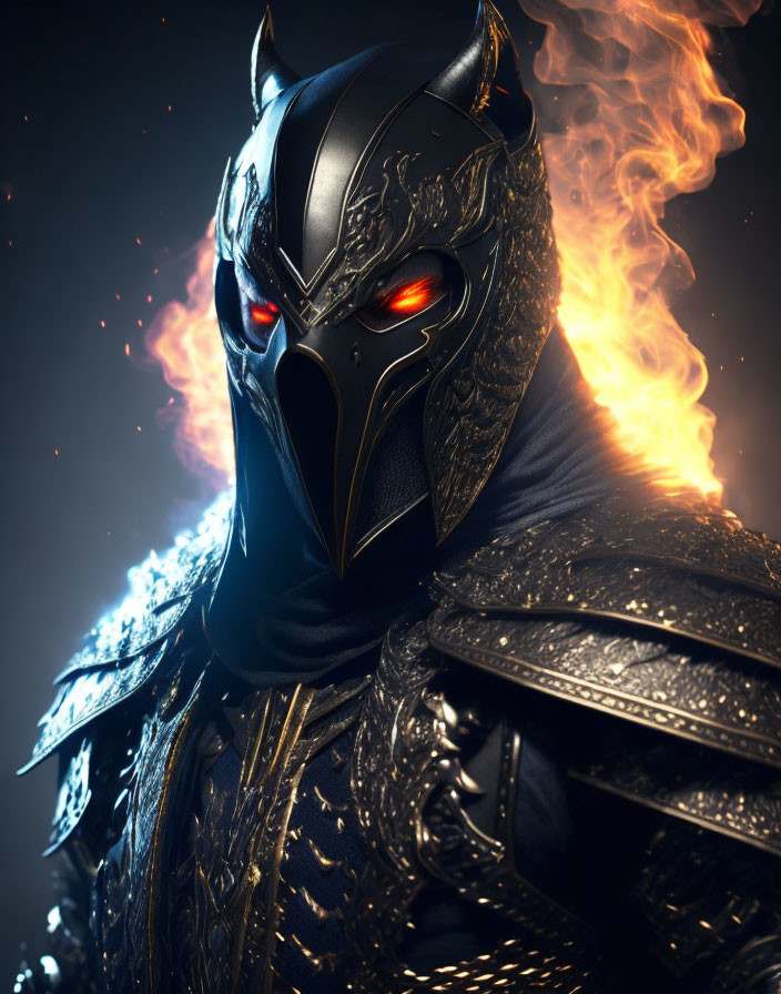 Sinister black-armored figure with bird-like helmet and glowing red eyes in fiery setting.